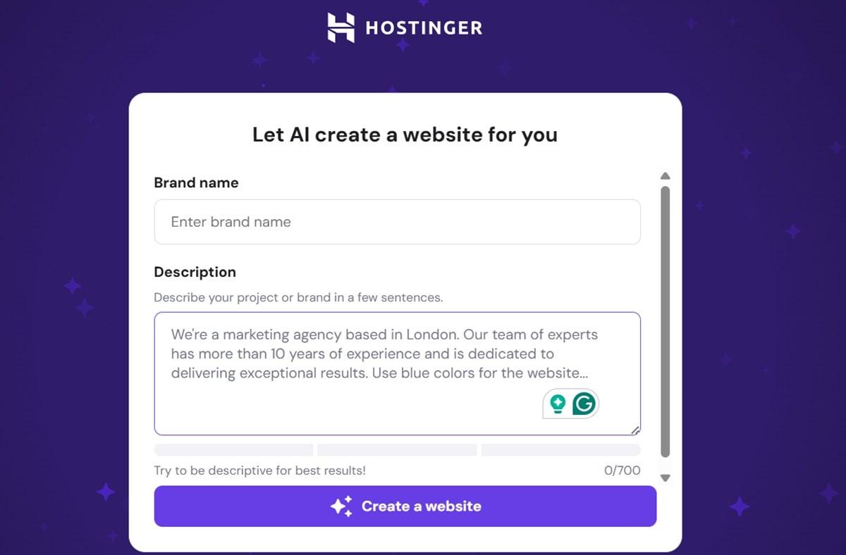 Hostinger's AI feature for building websites